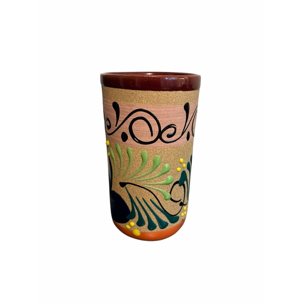 Mexican Talavera Hand Painted Floral Pottery Tumbler Blue Green Terracotta